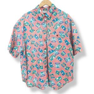 Vintage Shirt Postage Stamp Pattern Novelty Print Short Sleeve Plus Sz 22 Women